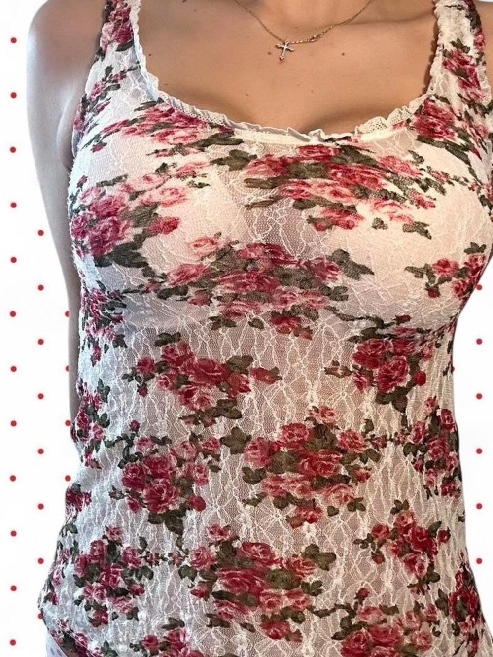 Lucy White Lace Camisole with Pink and Green Rose Print